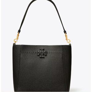 TORY BURCH McGRAW MEDIUM BUCKET BAG in BLACK PEBBLED LEATHER HOBO PURSE TOTE